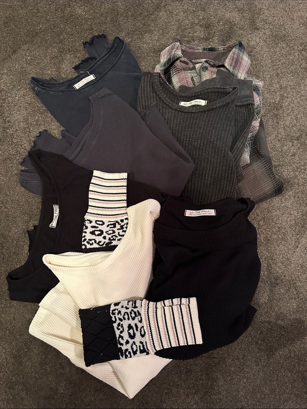 Free People Mixed Ribbed Tops and 1 jacket. Black, Gray, Cream, Purple Tones